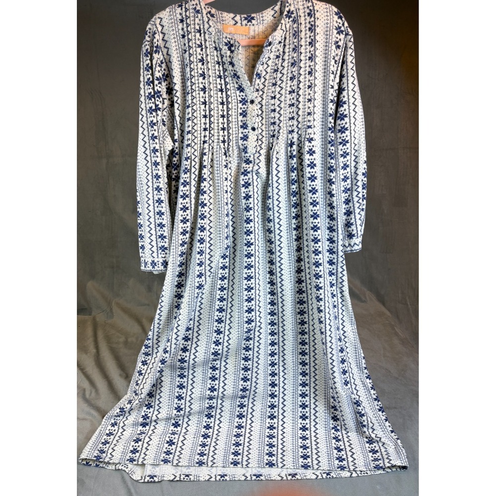 La Cera Flannel Nightgown 100% Cotton Fair Isle Nordic Blue White Grannycore XL